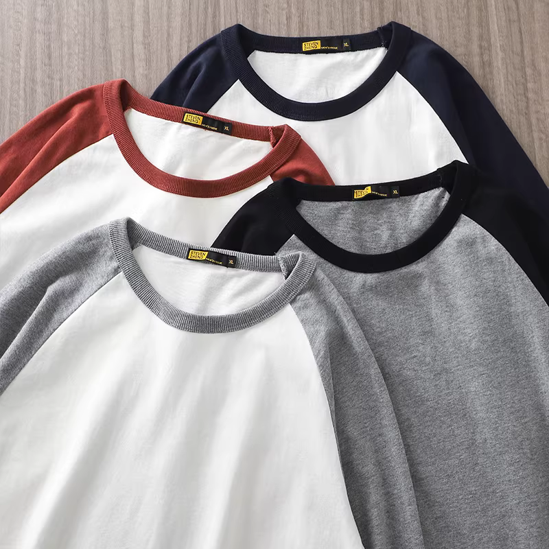 Áo thun dài tay kiểu chắp vá kiểu Nhật dành cho nam, chất liệu cotton nguyên chất, cổ tròn kiểu Mỹ mùa thu, dáng rộng, áo thun trơn màu, chất liệu vải chải kỹ.