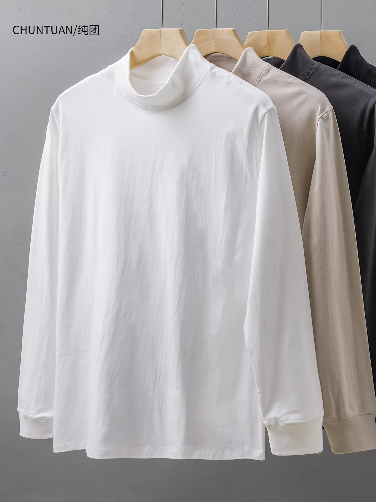 Áo thun nam dài tay cổ cao nửa cổ nặng 280G, dáng rộng, màu trắng tinh khiết, áo len mặc bên trong mùa thu, áo sơ mi cotton nguyên chất cổ trung.