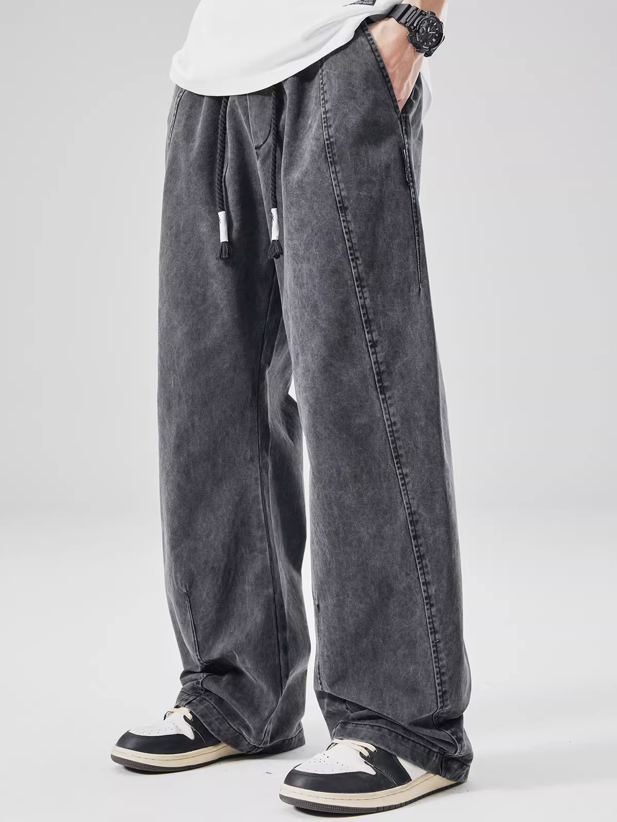 Quần cargo ống cong phong cách đường phố cao cấp dành cho nam, mẫu mới xuân 2024, thương hiệu thời thượng, quần ống rộng dáng thẳng, giặt mài và làm cũ theo phong cách cổ điển.