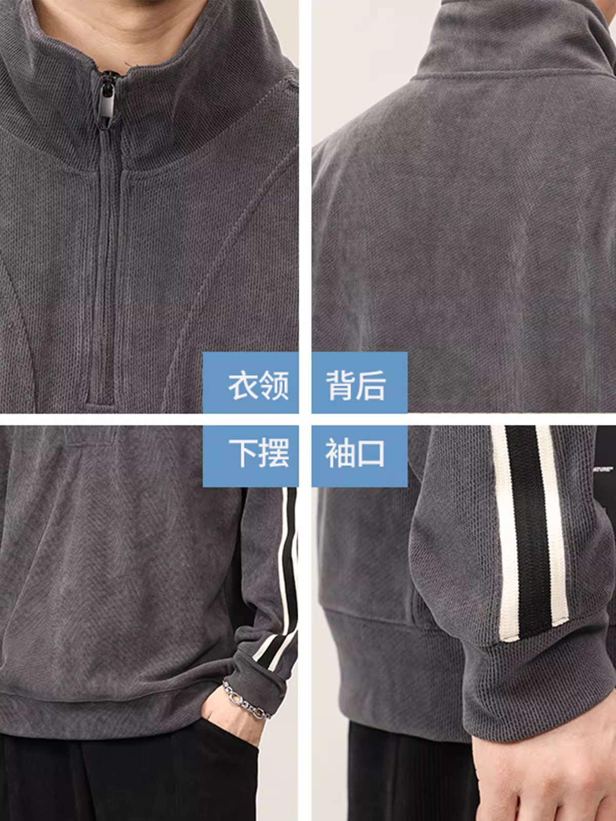 Áo khoác nửa khóa kéo lót lông cừu dày dặn dành cho nam, thiết kế lót lông cừu chenille mùa thu đông với cổ đứng phối màu sọc.