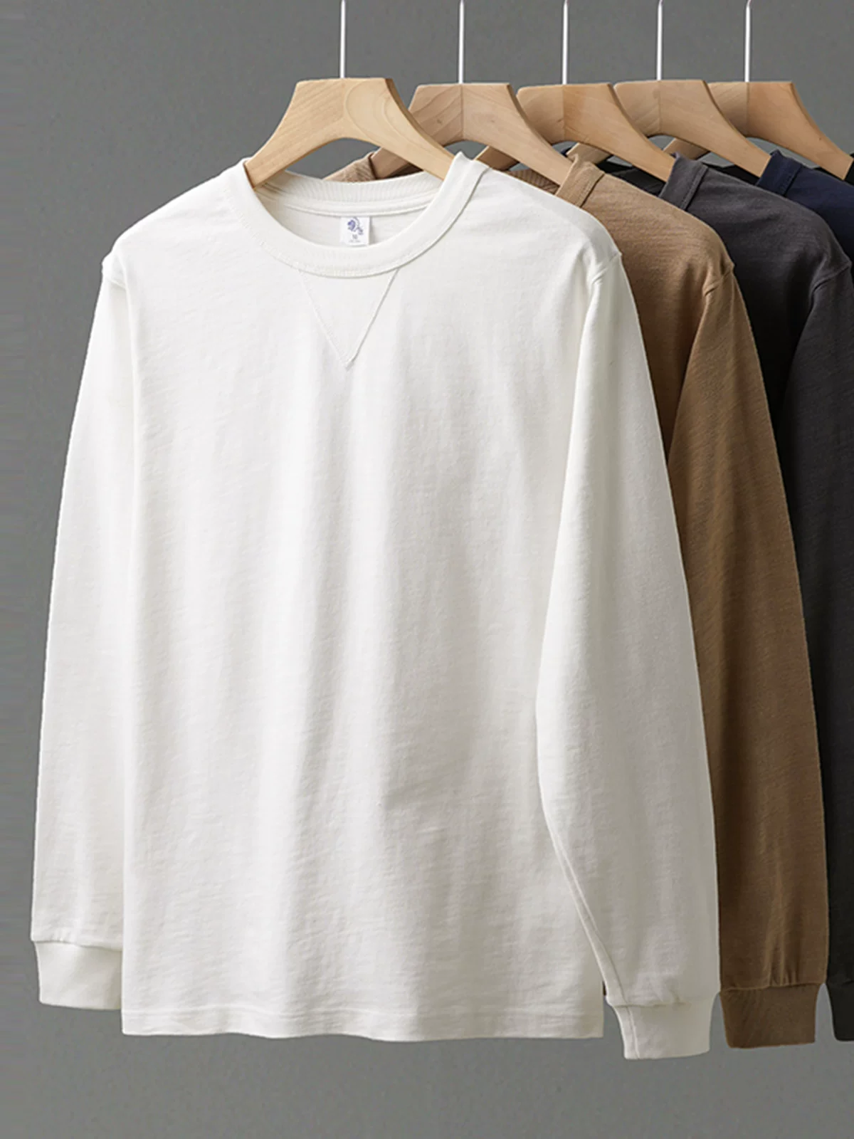Áo thun nam tay dài chất cotton 100% dày dặn 320G, kiểu dáng rộng rãi mùa thu đông, cổ tròn, chất liệu dày, đường may ba lớp, màu trắng