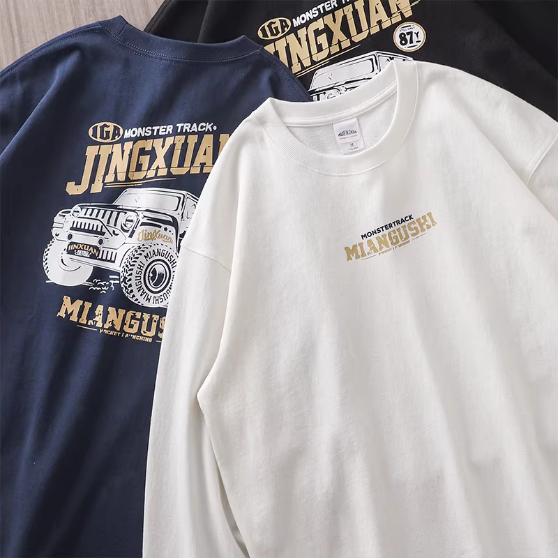 Áo thun dài tay hạng nặng 320G phong cách Nhật Bản dành cho nam, áo len cotton nguyên chất phong cách núi mùa thu với áo sơ mi in hình xe địa hình của Mỹ