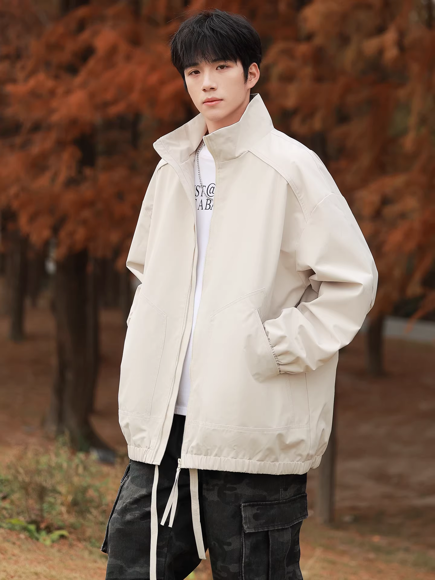 Áo khoác nam cổ đứng mùa xuân thu 2025 chống thấm gió, kiểu dáng rộng rãi, thời trang phong cách Mỹ, kiểu bomber