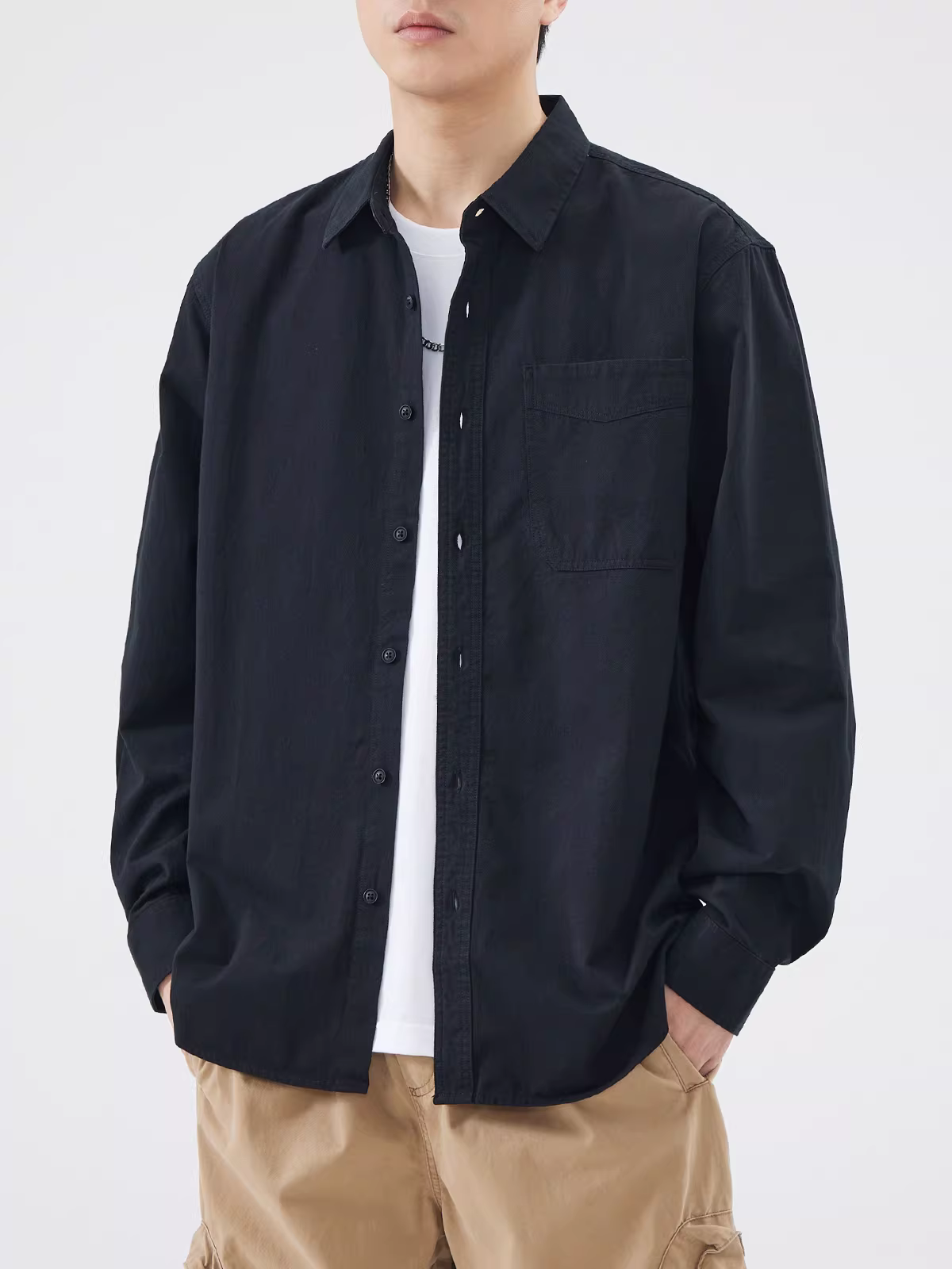 Áo sơ mi nam dày dặn 350G, tay dài, mùa xuân thu, chất liệu cotton nguyên chất, kiểu dáng cổ điển có túi, áo khoác sơ mi cao cấp.