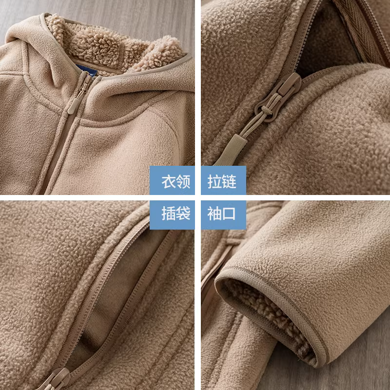 Áo khoác len cừu nặng 600G dành cho nam, áo khoác cotton ấm áp lót lông cừu mùa thu đông, áo nỉ có mũ trùm đầu bằng lông cừu dày dặn