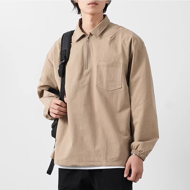 Áo polo công sở phong cách núi non tinh khiết, tay dài, nam, mùa thu, phong cách Harajuku, dáng rộng, cổ trụ, áo khoác nửa khóa kéo