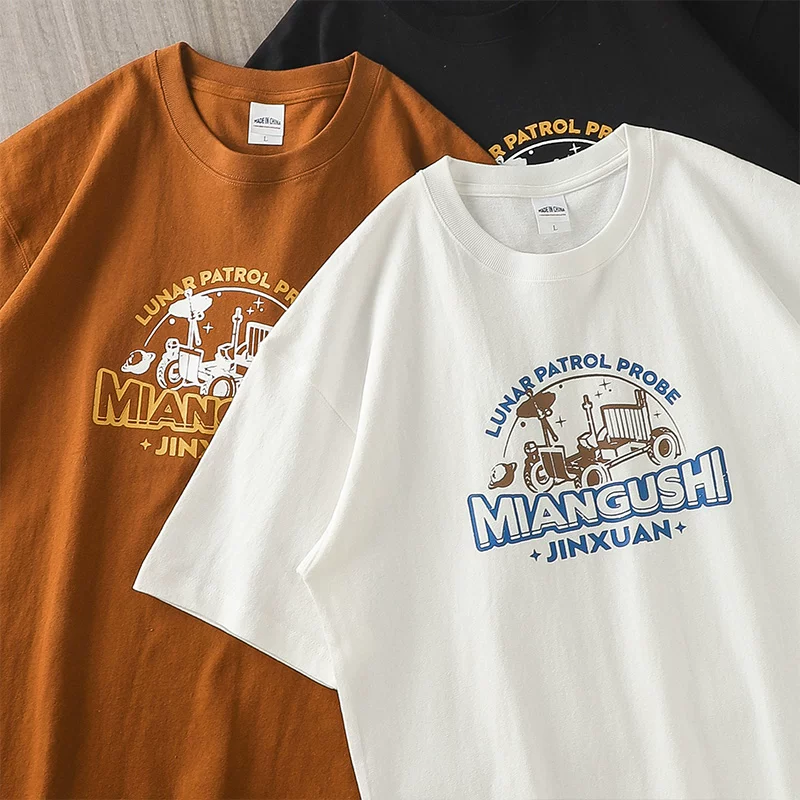 Áo thun cotton nguyên chất kiểu Mỹ 320g, chất liệu cotton dày dặn dành cho nam, tay ngắn, cổ tròn mùa hè, dáng rộng, in họa tiết nguyên bản, áo thun trơn, tay lửng.
