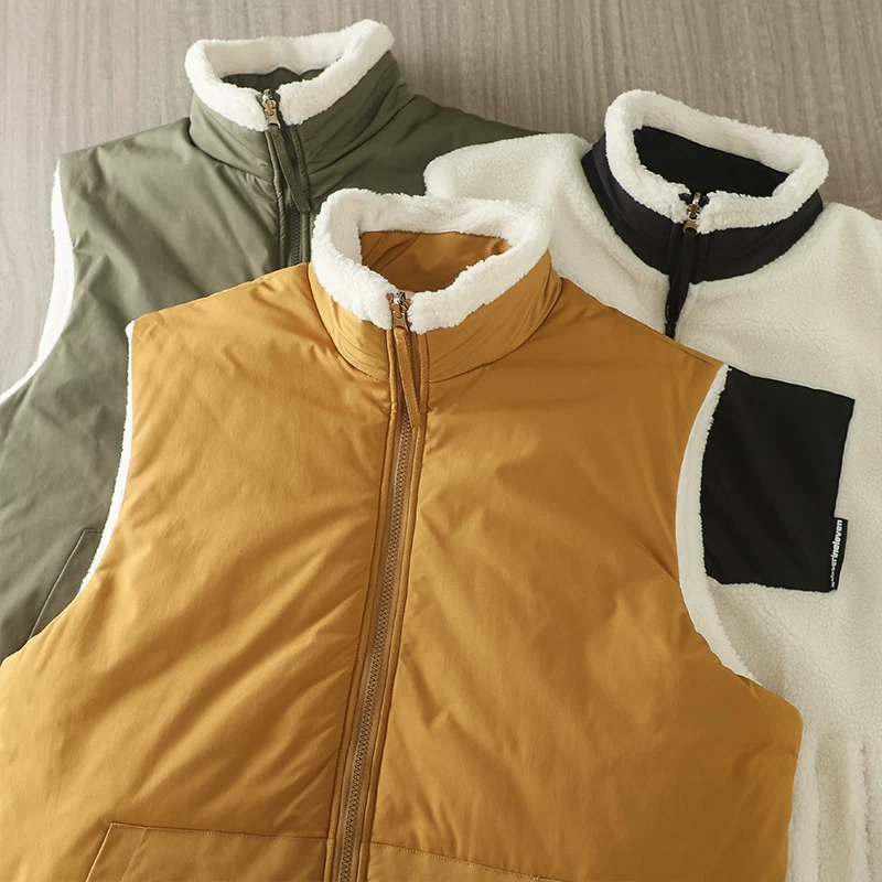 Áo ghi lê nam hai mặt bằng len cừu, áo khoác cotton dày lót lông cừu mùa đông, áo ghi lê không tay cổ đứng ấm áp