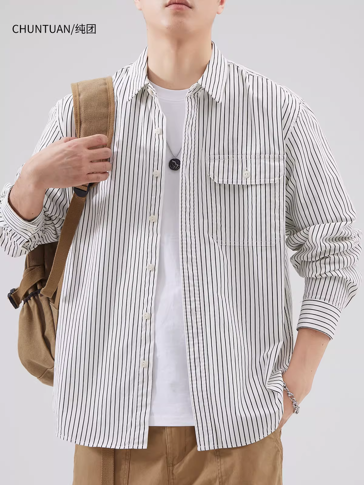 Áo sơ mi nam cotton nguyên chất kẻ sọc, tay dài, thương hiệu thời thượng thu đông 2024, kiểu dáng cổ điển cao cấp, áo khoác rộng rãi.