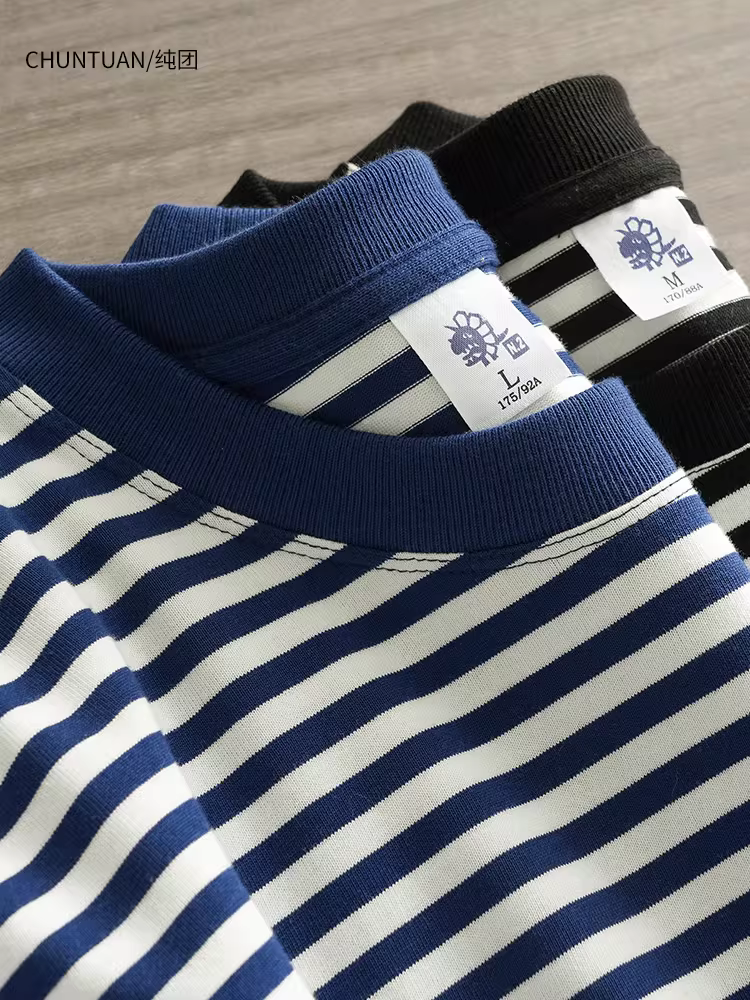 Áo thun dài tay sọc nặng 320g dành cho nam, áo len cotton nguyên chất dáng rộng mùa thu đông, áo thủy thủ cổ điển, áo sơ mi cổ tròn.