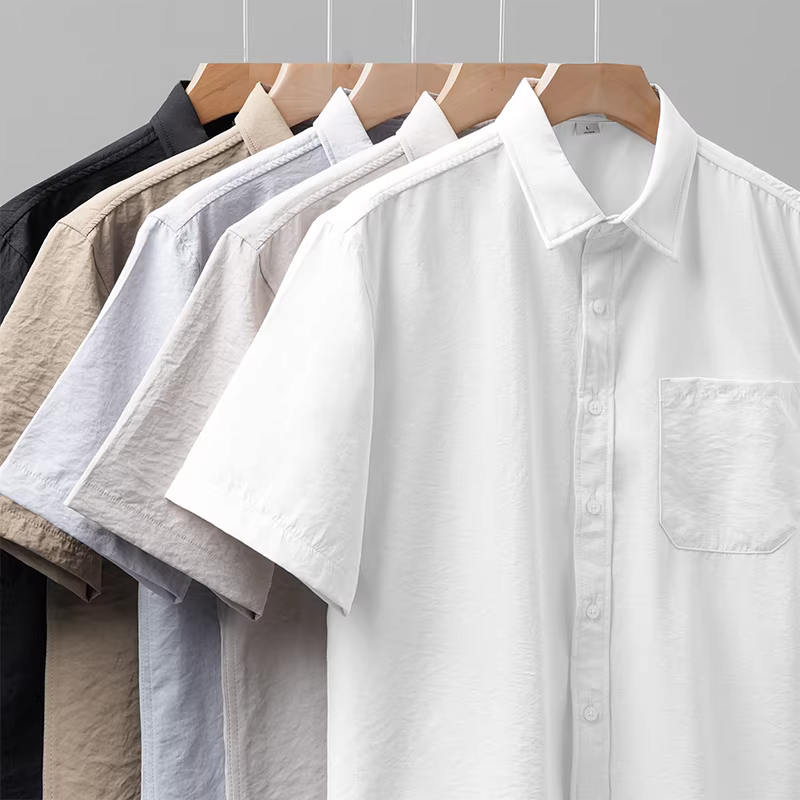 Áo sơ mi ngắn tay bằng vải lụa mát lạnh dành cho nam, áo sơ mi mỏng thông thường có túi mùa hè, áo khoác sơ mi cổ trắng