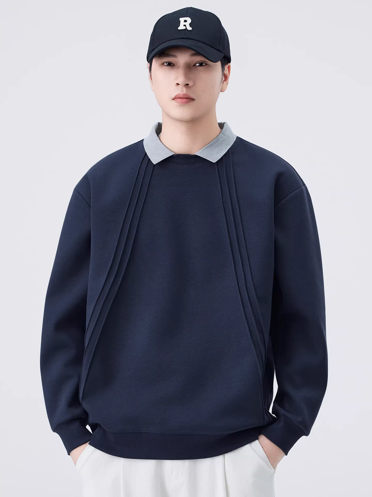 Áo thun nam giả hai lớp, kiểu mới thu đông 2025, chất liệu dày cao cấp, cổ trụ thời trang, áo thun dài tay thương hiệu thời thượng dành cho thanh thiếu niên.