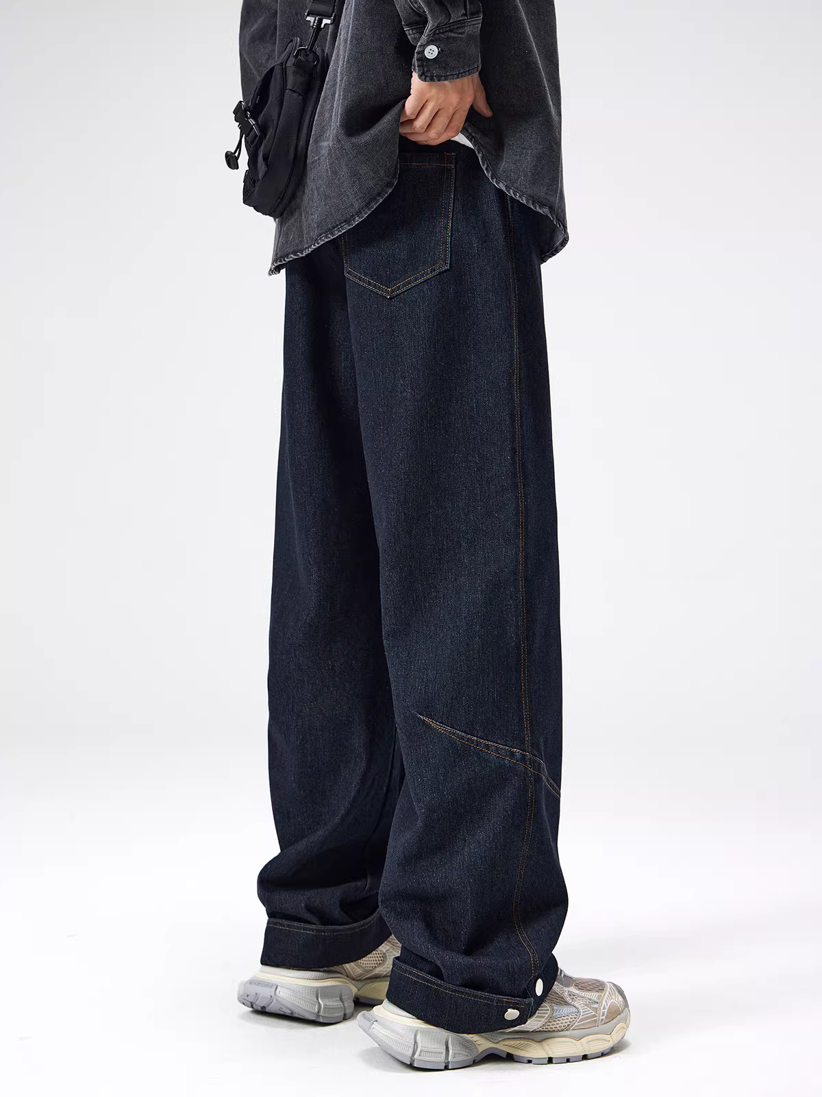 Quần jean nam màu xanh đậm, chất liệu dày dặn, kiểu dáng xu hướng đường phố mùa xuân thu, quần ống thẳng, phong cách Mỹ, quần ống rộng, dáng suông.