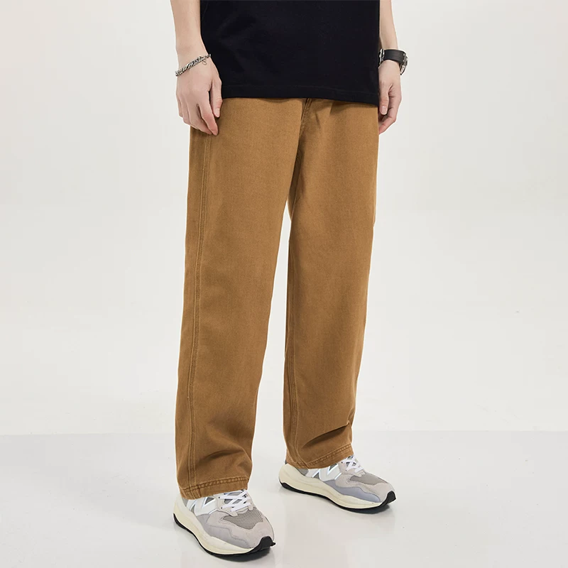 Quần jean cotton dày dặn, chất liệu cotton nguyên chất, dáng rộng ống thẳng, phong cách retro Nhật Bản, màu kaki, kiểu quần bố, thích hợp mặc mùa hè.