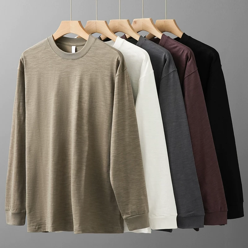 Áo thun cotton tre hạng nặng 320G dành cho nam, dài tay, mùa xuân và mùa thu, màu trơn cổ điển, cổ tròn rộng, áo thun cotton nguyên chất, áo lót dành cho nam.
