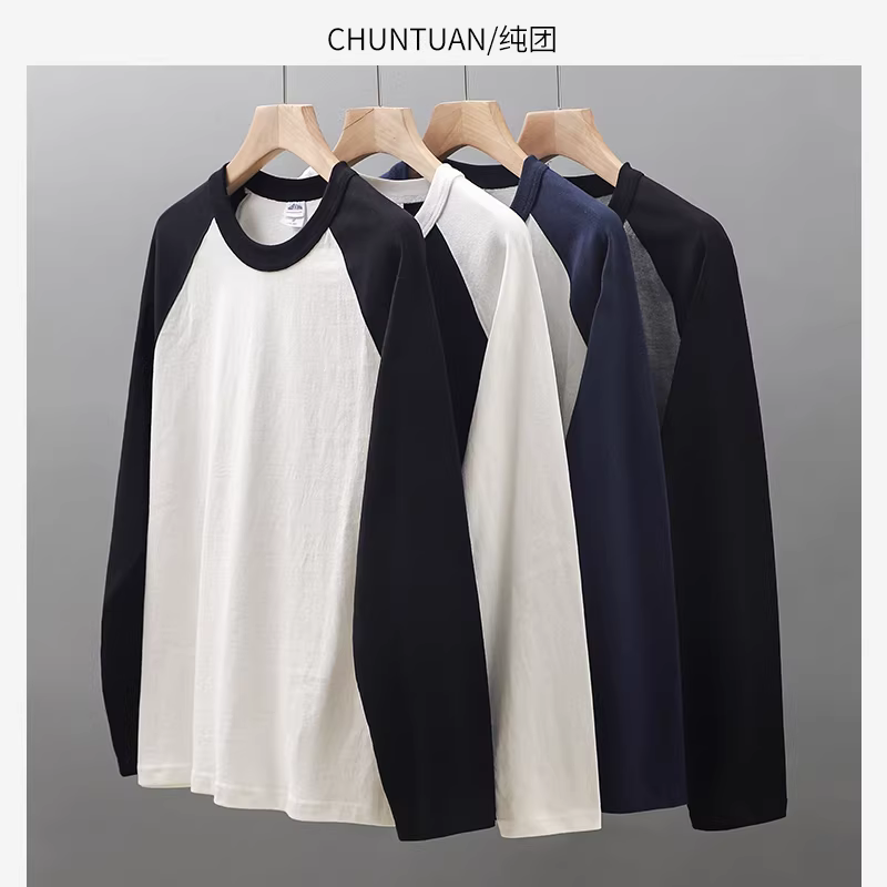 Áo thun dài tay hạng nặng 320G kiểu Mỹ dành cho nam, tay áo raglan, phối màu, áo sơ mi cotton nguyên chất ngoại cỡ, áo nỉ dành cho nam, mùa thu đông.