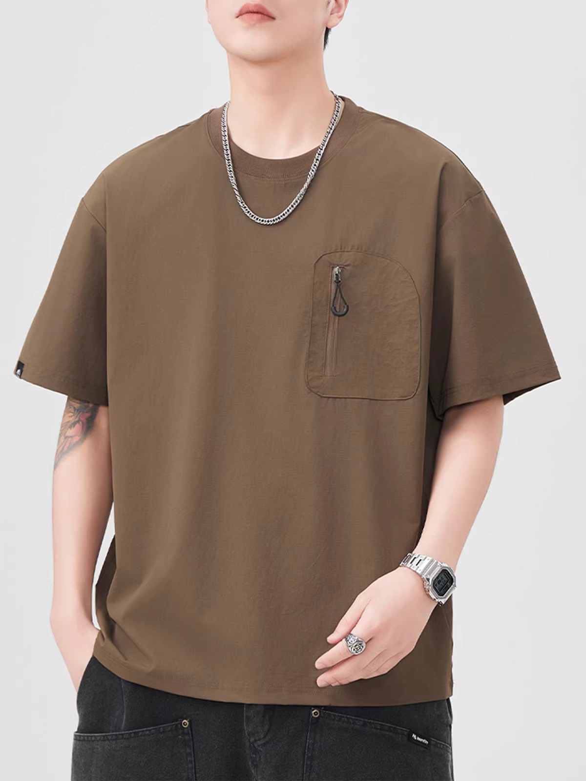 Áo thun chống nước ngoài trời kiểu núi nguyên chất dành cho nam, tay ngắn, túi khóa kéo chức năng kiểu Mỹ mùa hè, áo sơ mi mát mẻ và nhanh khô.