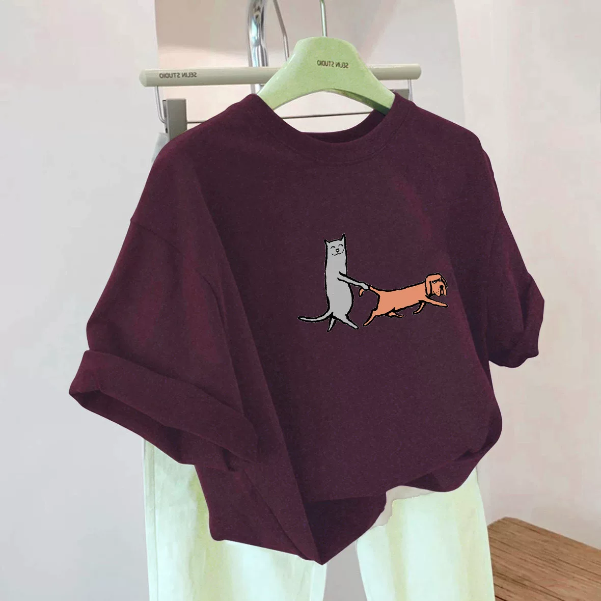 Giảm giá đặc biệt~ Hàng xuất khẩu dư thừa, áo thun cotton dày kiểu mới, dáng rộng, đa năng, mặc thường ngày, tay ngắn, giá ưu đãi