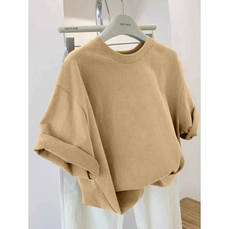 Xả kho hàng hiệu~ Hàng tồn kho xuất khẩu, hàng cắt mác, chất liệu cotton nguyên chất dày dặn, kiểu dáng Hàn Quốc mới, màu trơn, đa năng, áo thun tay ngắn rộng rãi