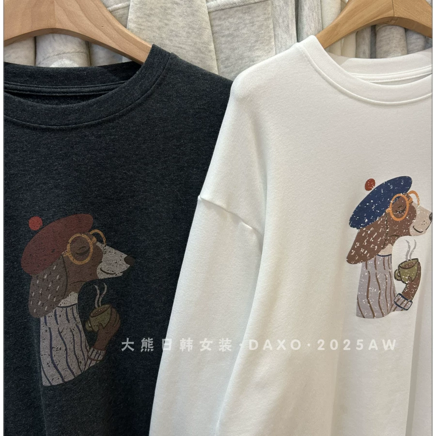 Outlet~ Áo thun thương hiệu ngoại thương kiểu Hàn Quốc, phong cách thu đông mới, chất liệu nhung giữ nhiệt, cổ tròn, tay dài, thời trang