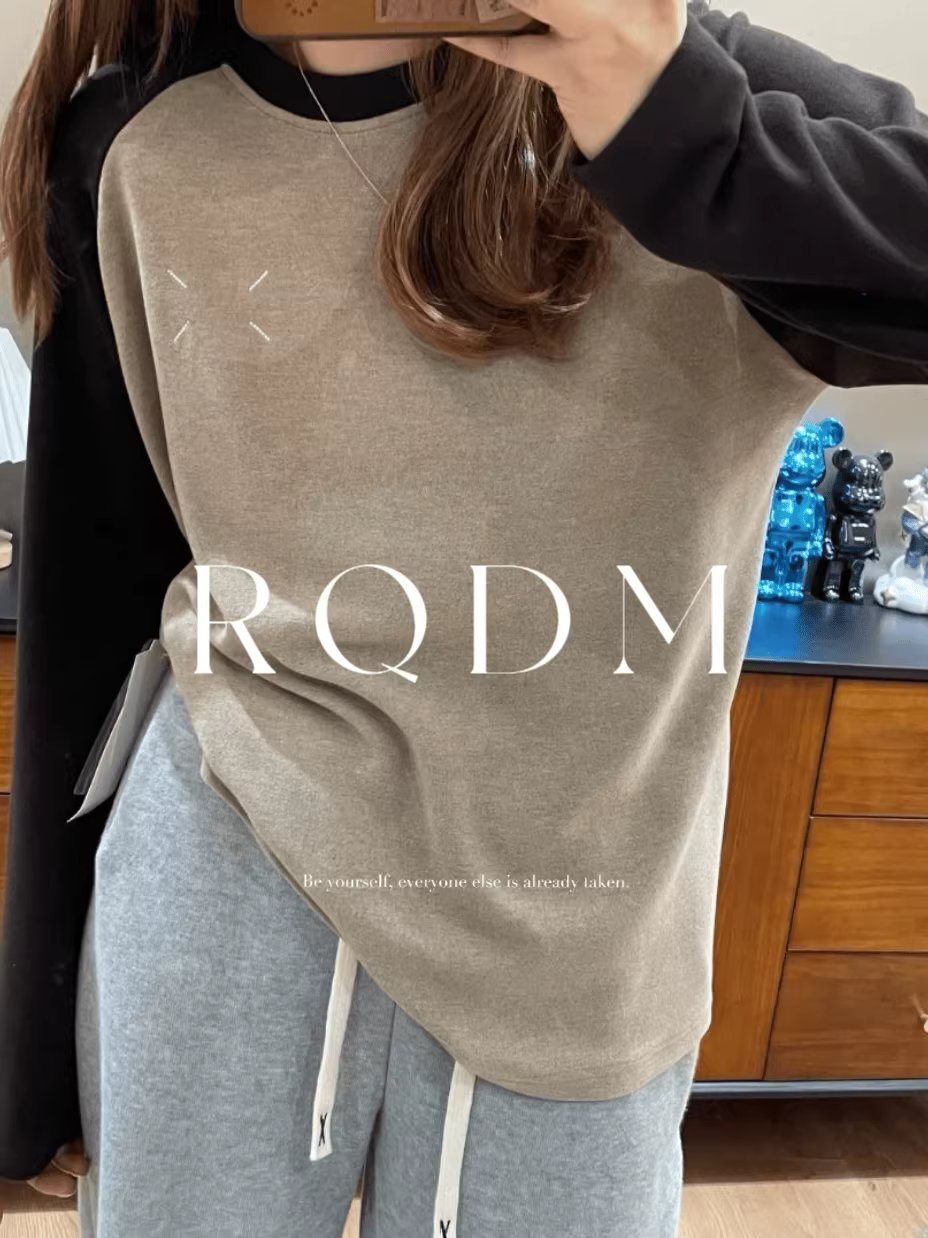 Outlet~ Quầy xuất khẩu hàng hiệu giảm giá mùa thu đông mới, áo thun dài tay phối màu đa năng, kiểu raglan, chất liệu lót trong