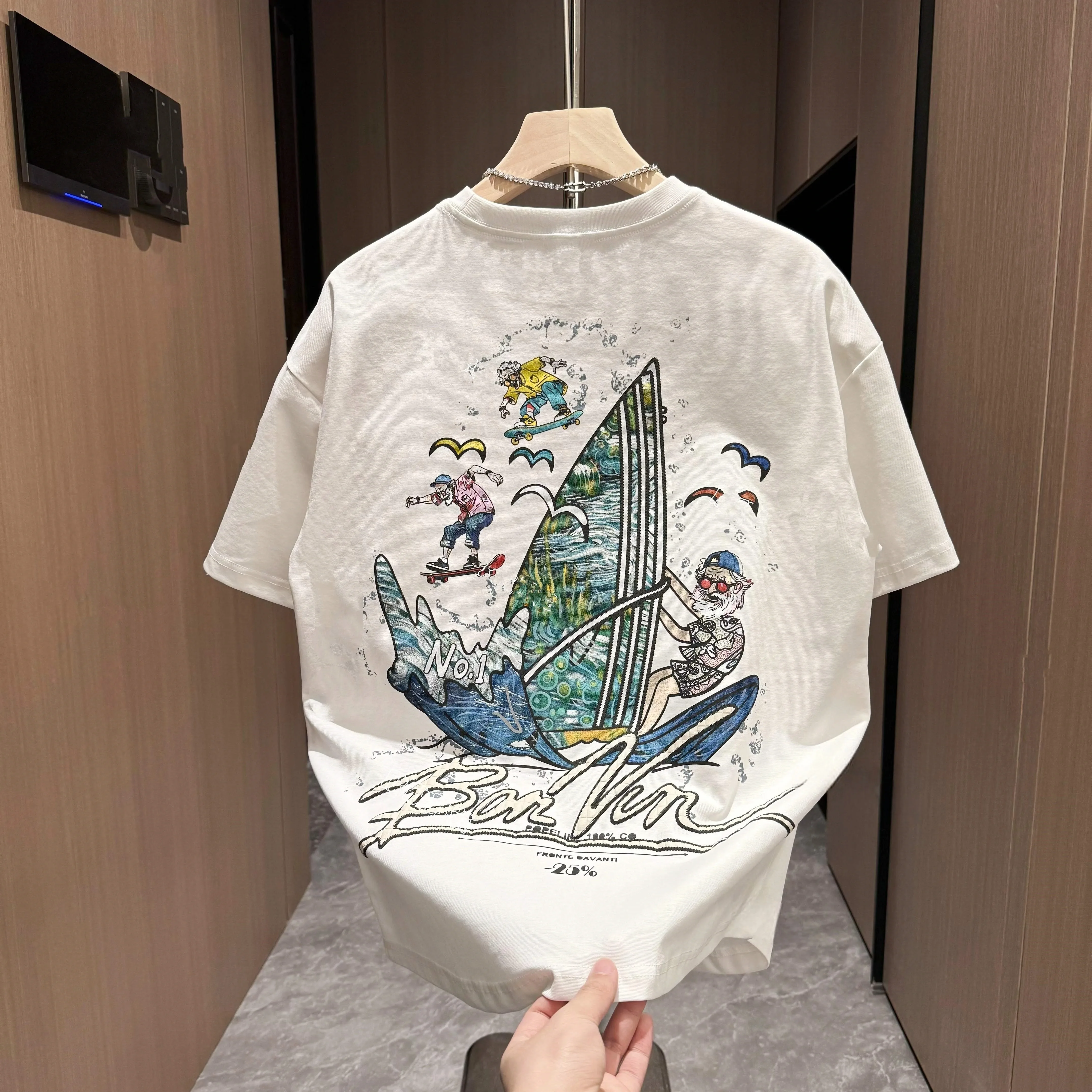 Giảm giá đặc biệt~ Hàng xuất khẩu dư thừa, thời trang mới giảm giá, áo thun cotton in họa tiết dáng rộng đa năng, tay ngắn