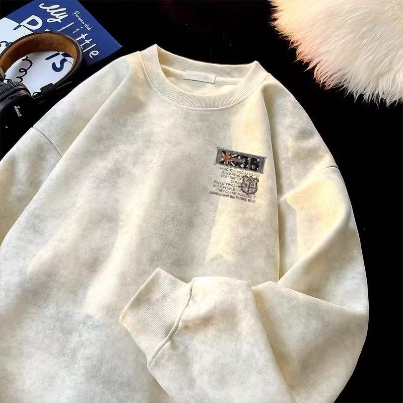 Áo thun nỉ lót lông dày phong cách Mỹ đơn giản, kiểu nhuộm tie-dye, mùa thu đông, hàng xuất khẩu, giá rẻ