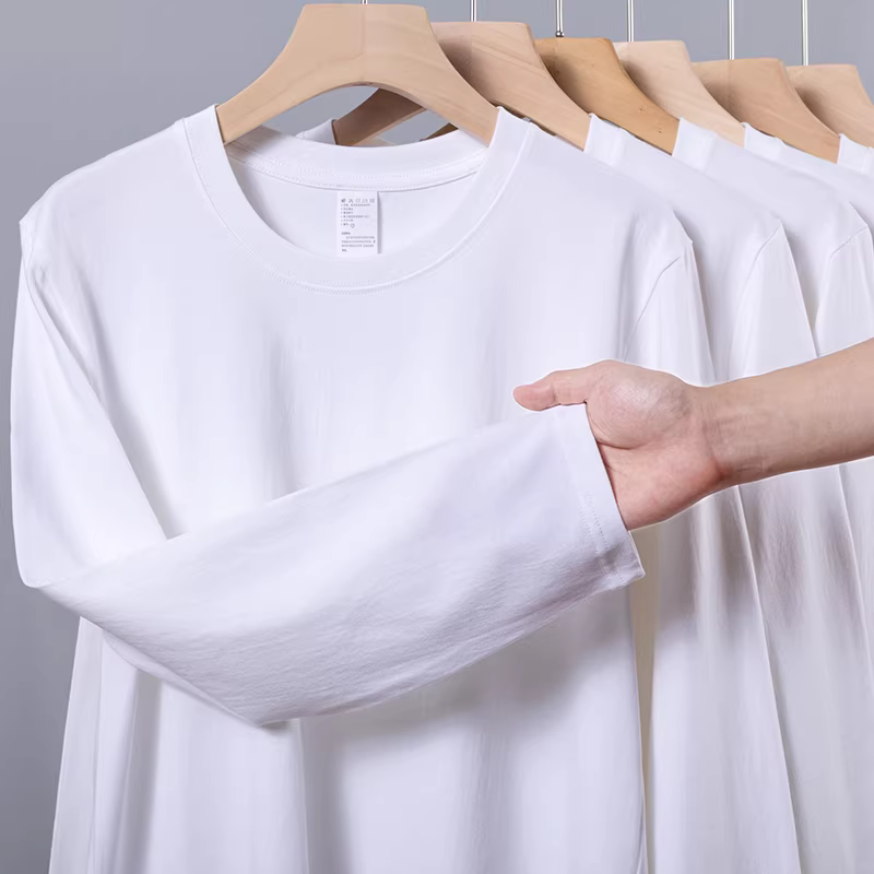 Outlet~ Hàng xuất khẩu, áo thun cotton nguyên chất màu trơn đơn giản, đa năng, tay dài mùa thu, giảm giá