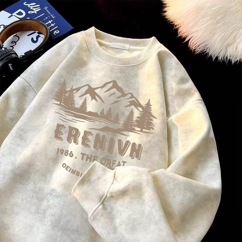 Áo thun nỉ cổ tròn dáng rộng, họa tiết tie-dye, có lớp lót lông cừu giữ ấm, thích hợp làm lớp áo lót, xuất khẩu từ cửa hàng thương hiệu Outlet~.