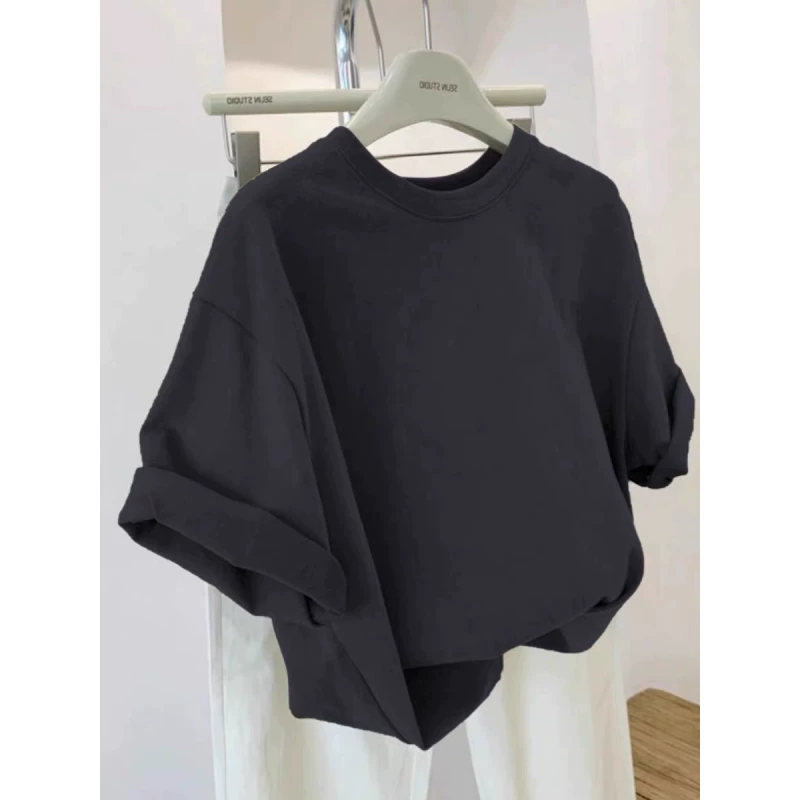 Xả kho hàng hiệu~ Hàng tồn kho xuất khẩu, hàng cắt mác, chất liệu cotton nguyên chất dày dặn, kiểu dáng Hàn Quốc mới, màu trơn, đa năng, áo thun tay ngắn rộng rãi
