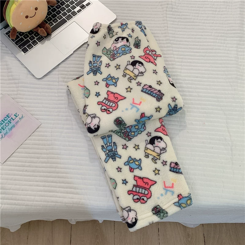 Outlet~ Quần ngủ hoạt hình dành cho nữ, chất liệu lông cừu san hô, lót lông cừu, ấm áp, vải flannel mới mùa thu đông, quần mặc nhà dễ thương