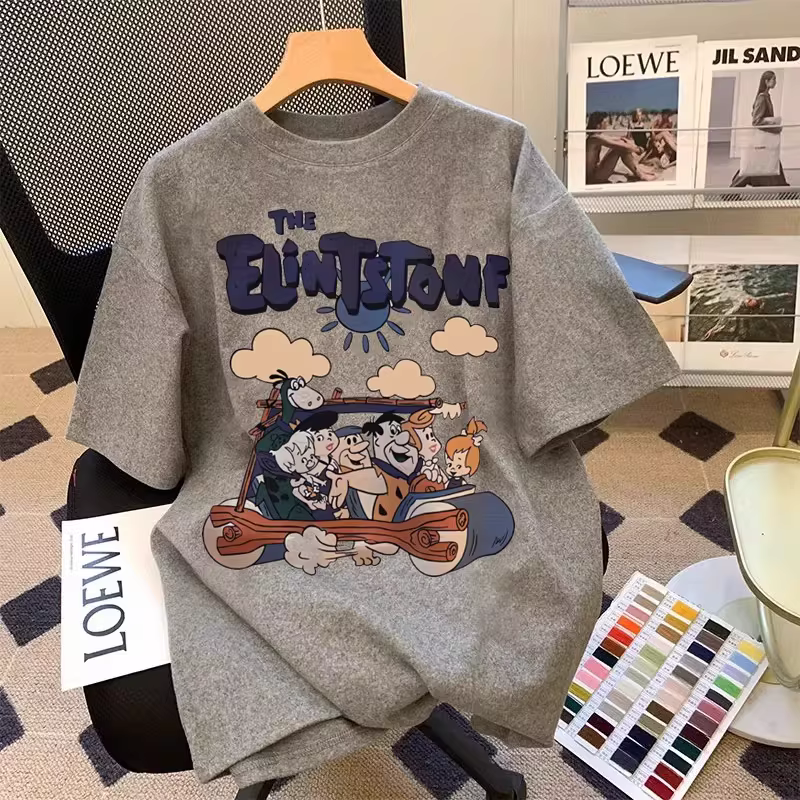 Áo thun tay ngắn in hình hoạt hình thời trang, kiểu dáng rộng rãi, xuất khẩu, hàng thanh lý, thương hiệu Outlet~