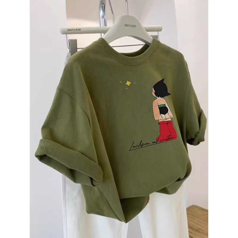 Outlet~ Áo thun ngắn tay in hình cotton nguyên chất mới xuất khẩu, áo đa năng dành cho nam và nữ