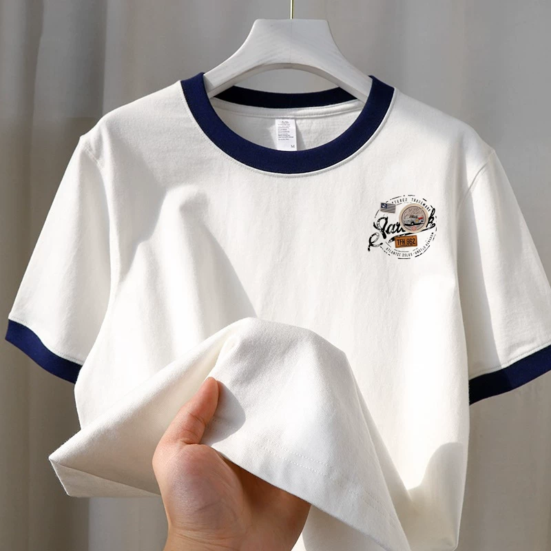 Outlet~ Áo thun ngắn tay in họa tiết cotton nguyên chất mới, màu sắc đơn giản, phối màu mùa hè, thanh lý cửa hàng xuất khẩu