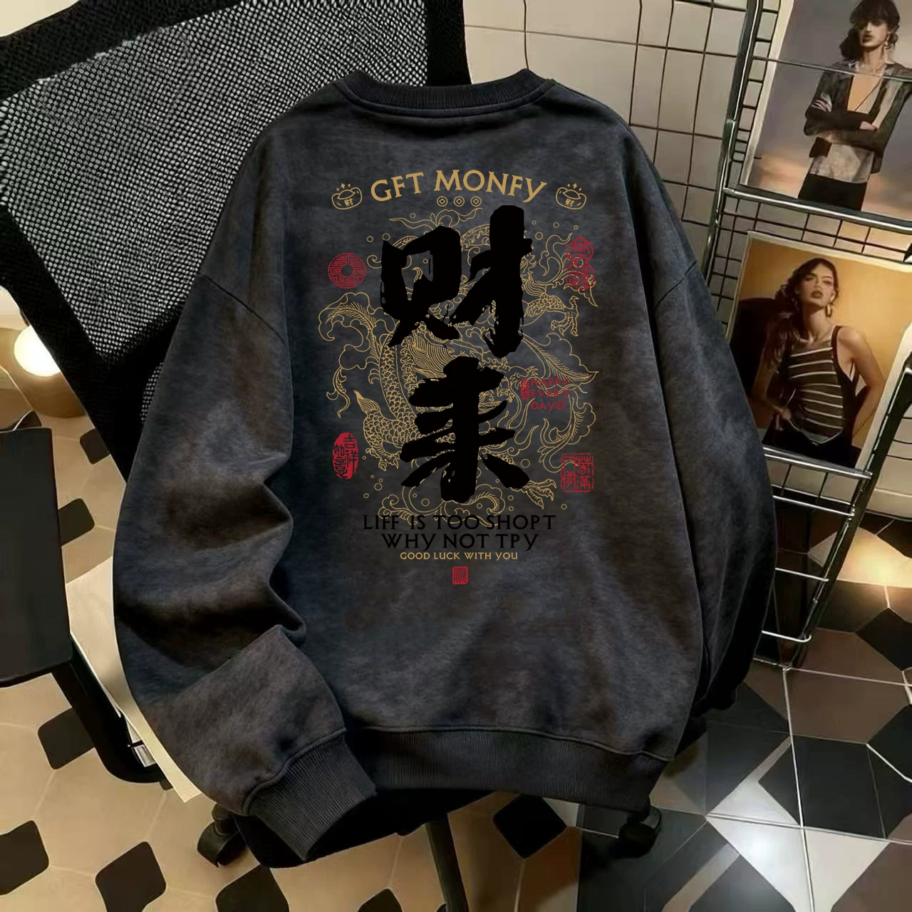 Áo thun cổ tròn giữ ấm lót lông cừu, họa tiết nhuộm chàm độc đáo, mùa thu đông, thời trang dành cho nam và nữ, hàng xuất khẩu, giá ưu đãi.
