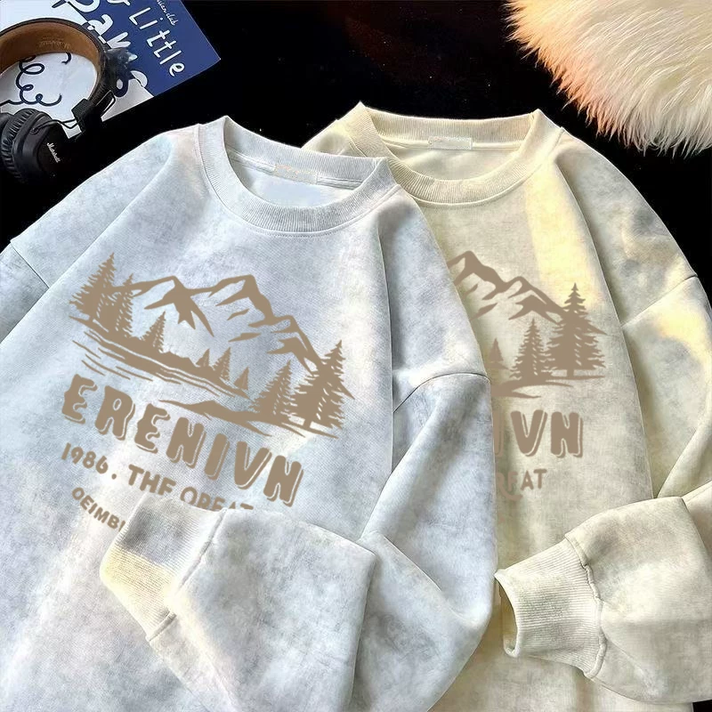 Áo thun nỉ cổ tròn dáng rộng, họa tiết tie-dye, có lớp lót lông cừu giữ ấm, thích hợp làm lớp áo lót, xuất khẩu từ cửa hàng thương hiệu Outlet~.