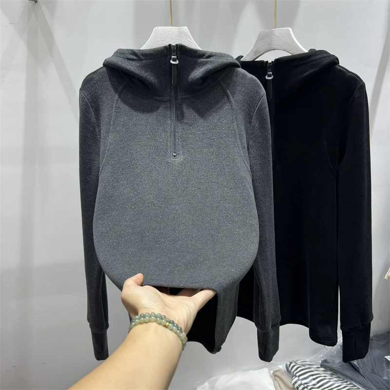 Áo khoác nỉ có mũ nửa khóa kéo chất liệu nhung Đức cao cấp, hàng xuất khẩu, giá ưu đãi dành cho nữ, áo lót mùa thu đông.