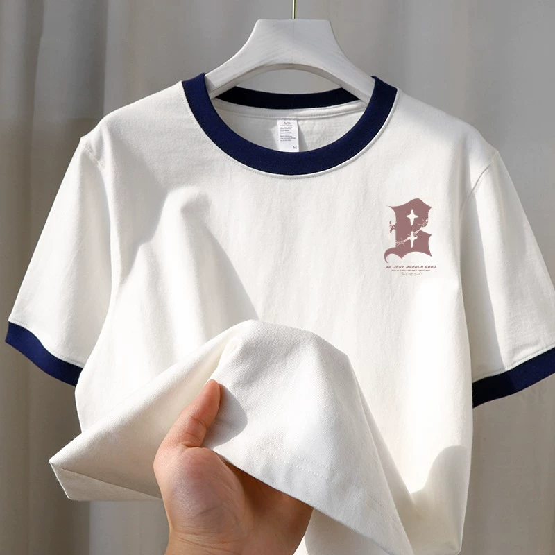 Áo thun tay ngắn in họa tiết đơn giản, phối màu tương phản, kiểu dáng mới đa năng, hàng xuất khẩu, giá rẻ.