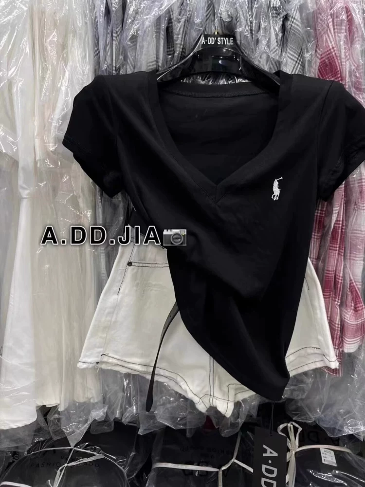 Outlet~ Áo thun nữ tay ngắn cổ chữ V mùa hè mới xuất khẩu hàng hiệu cotton nguyên chất