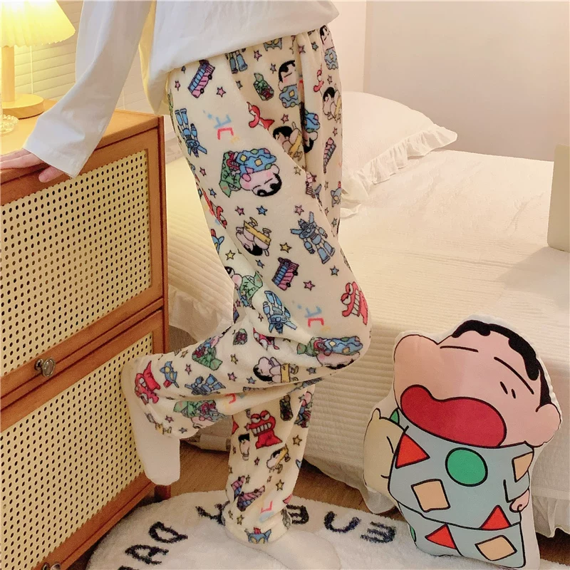 Outlet~ Quần ngủ hoạt hình dành cho nữ, chất liệu lông cừu san hô, lót lông cừu, ấm áp, vải flannel mới mùa thu đông, quần mặc nhà dễ thương