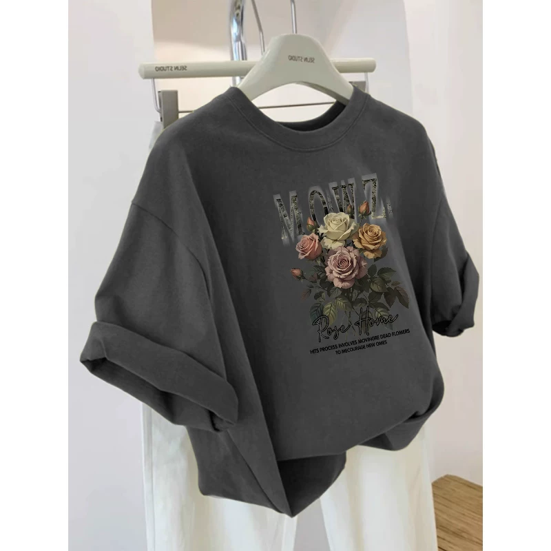 Outlet~ Hàng xuất khẩu thanh lý, áo thun cotton nguyên chất mới, đa năng, kiểu dáng đơn giản, in họa tiết, tay ngắn, unisex
