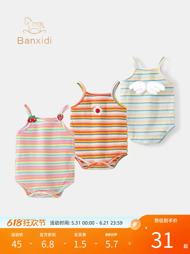 Quần áo mùa hè cho bé, bộ liền thân mỏng cho trẻ sơ sinh và trẻ nhỏ, bộ liền thân kiểu dây đeo dễ thương cho bé gái, bộ liền thân mùa hè đáng yêu.