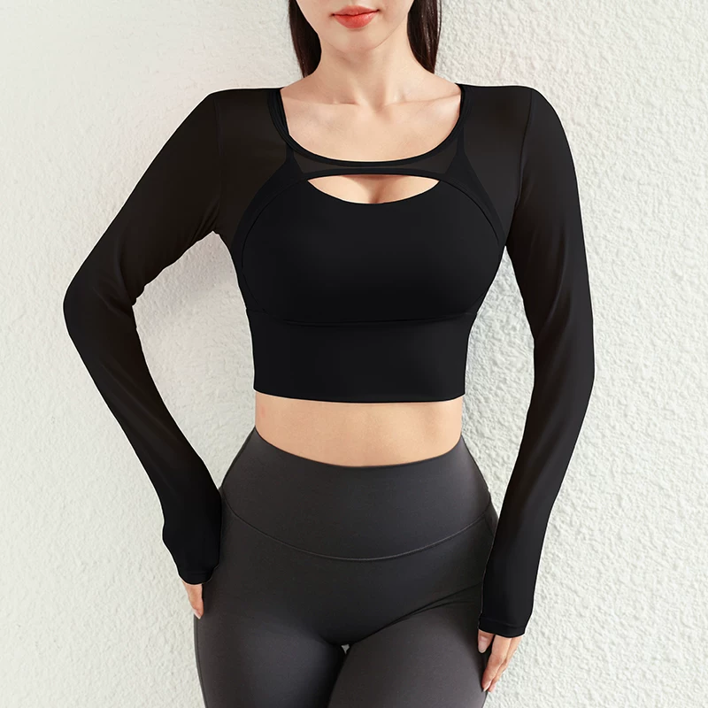 Áo tập yoga chắp vá sành điệu với thiết kế giả hai mảnh, trang phục thể thao dài tay dành cho nữ có đệm ngực, quần áo tập thể dục Pilates chuyên nghiệp cho mùa đông.