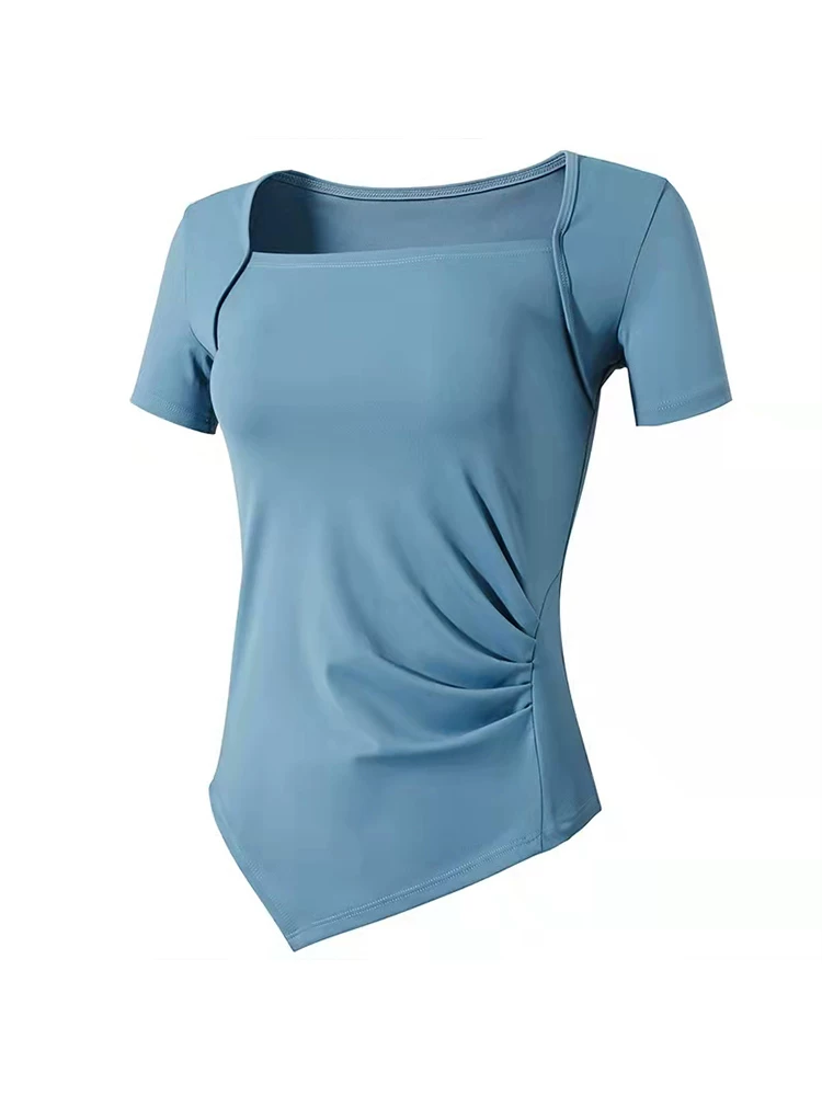 Áo tập yoga cổ vuông ôm eo dành cho nữ, áo thun thể thao ngắn tay nhanh khô, ôm sát, thiết kế bất đối xứng, thích hợp cho mùa hè.