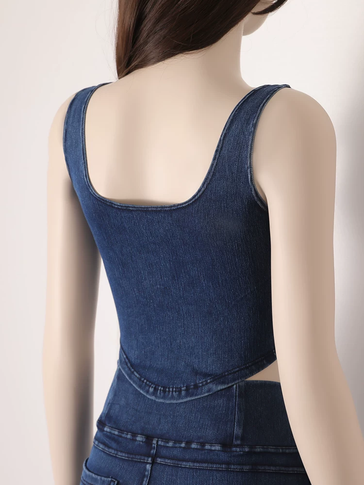 Áo vest thể thao yoga denim kiểu mới dành cho nữ, thiết kế lưng chữ U co giãn, tôn dáng và đẹp mắt, áo tập luyện không tay mặc ngoài.
