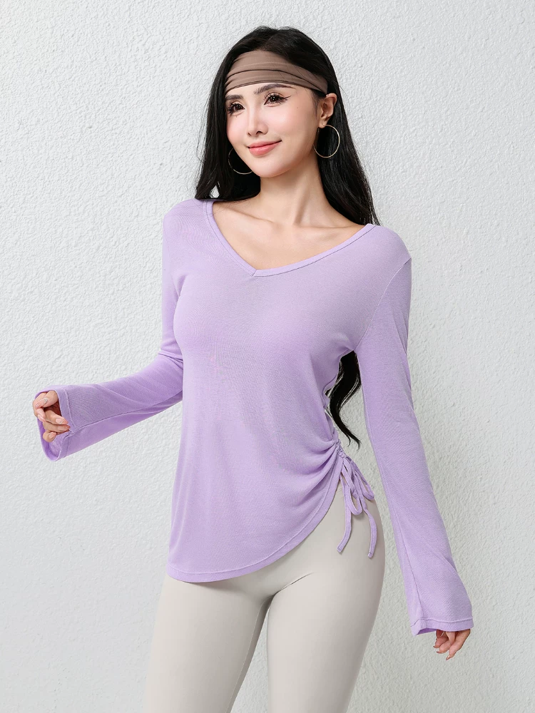 Trang phục tập yoga thông thường, áo khoác thể thao yoga, áo thun nữ dài tay che hông có dây rút xếp ly, áo rộng rãi cho mùa thu đông.