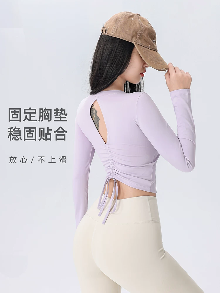 Áo thể thao hở lưng đẹp dành cho nữ có đệm ngực, áo tập thể dục dài tay, áo tập yoga lưng đẹp, ôm sát, nhanh khô