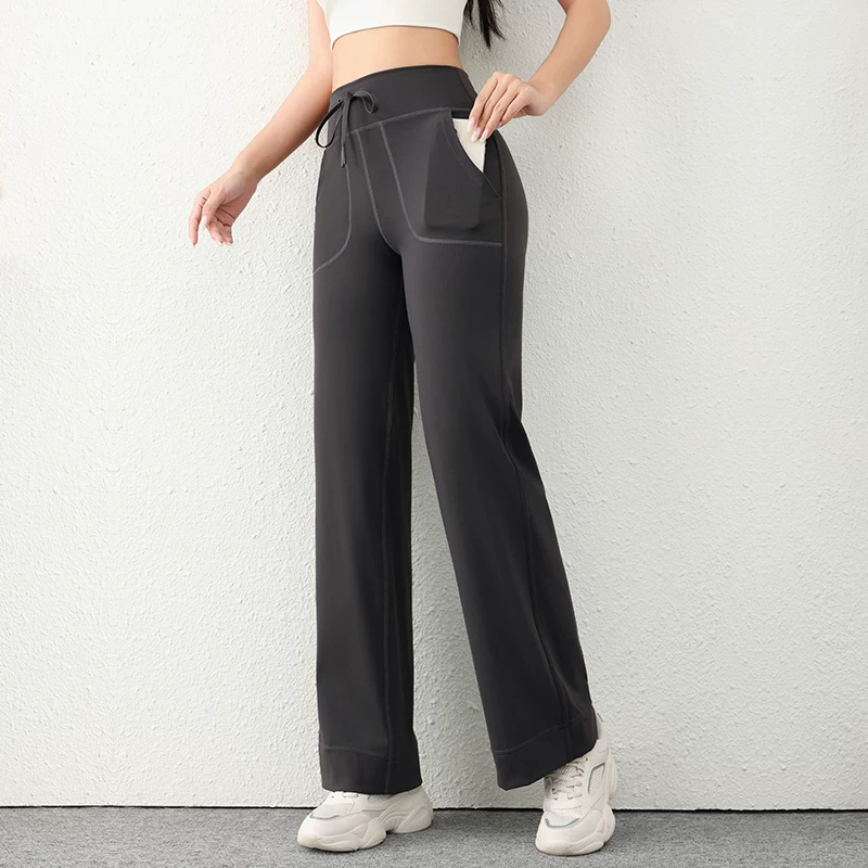 Quần ống đứng có túi lót lông cừu thoải mái cho nữ, quần thể thao cạp cao, quần yoga dáng rộng, nhanh khô, dành cho mùa thu.