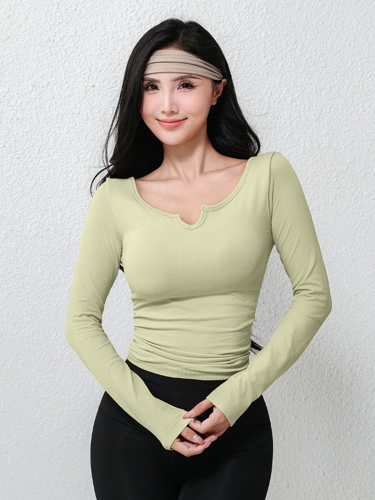 Áo tập thể dục dài tay cổ chữ V mùa thu đông có đệm ngực, xếp ly ôm sát, thon gọn vòng eo, trang phục chạy bộ thể thao, trang phục tập yoga