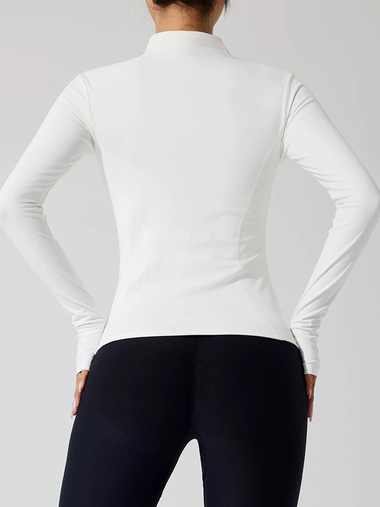 Áo khoác thể thao mùa hè mới dành cho nữ, dáng ôm, màu trắng, nhanh khô, tay dài, cổ đứng, áo thể thao chạy bộ chống nắng